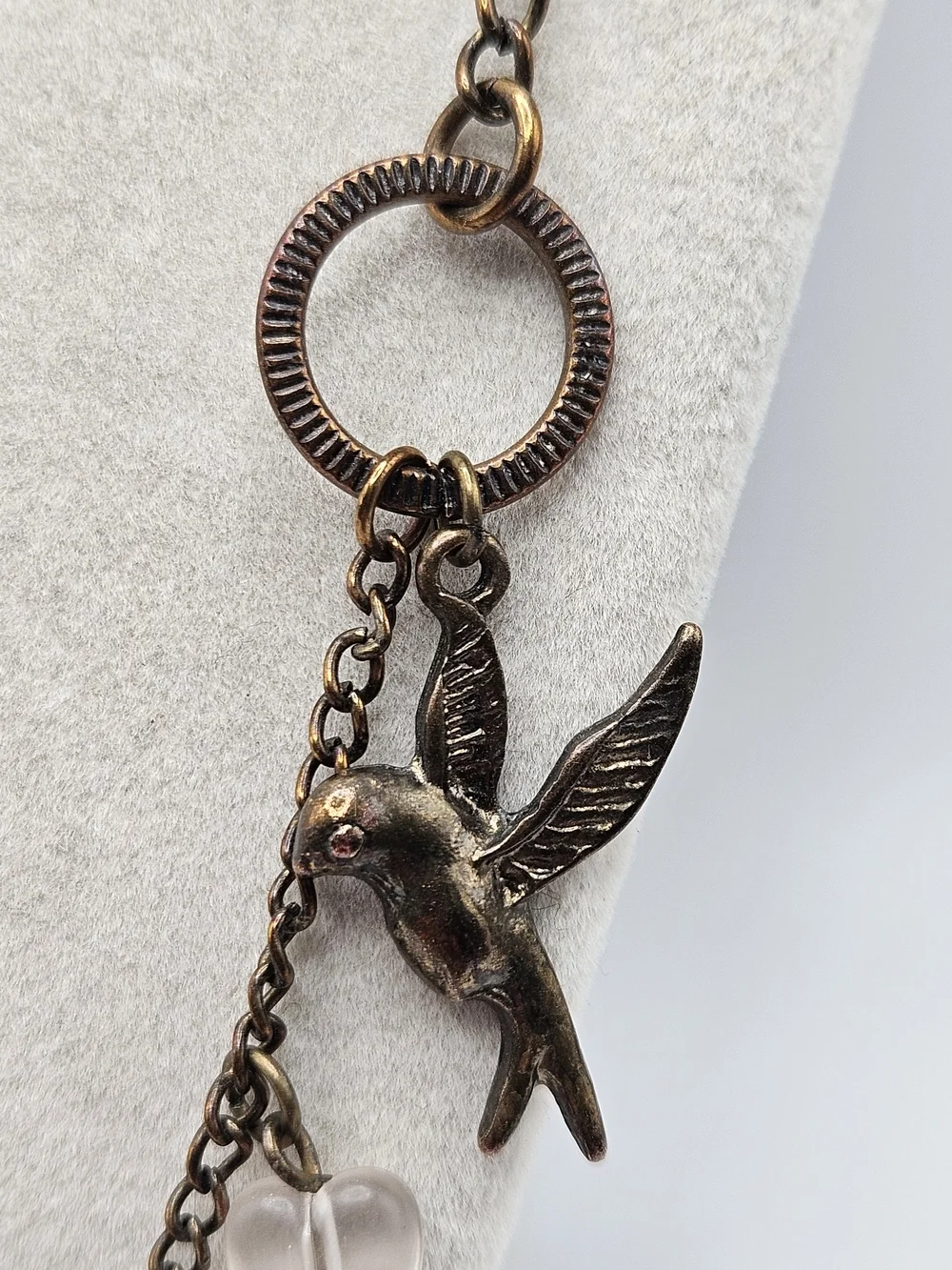 Unique Bronze Tone Bird and Pink Heart Beaded Charm Necklace